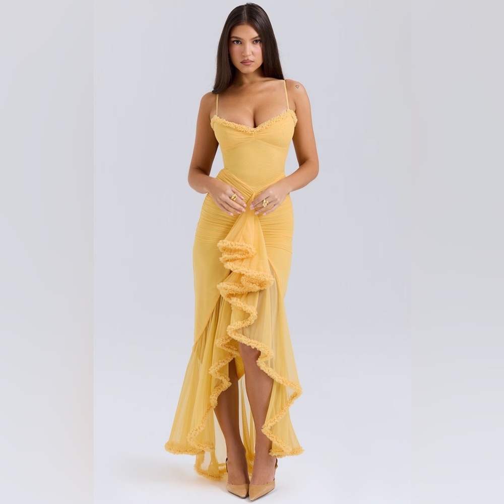 Yellow Ruffled Slip Midi Dress - Picture 5 of 9